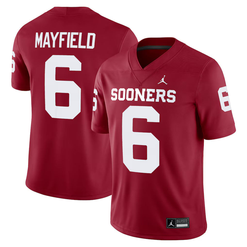 Oklahoma Sooners Baker Mayfield Jersey – NCAA Jordan Brand Alumni Game – Crimson (USA Sourced)