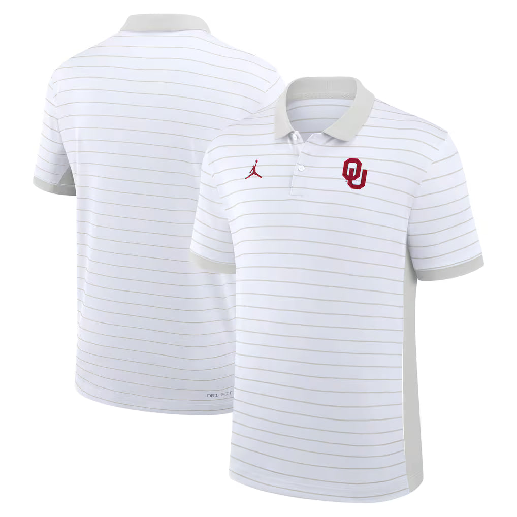 Oklahoma Sooners Polo Shirt – NCAA Jordan Brand Sideline Victory Stripe Dri-FIT – White (USA Sourced) by Jordan Branded