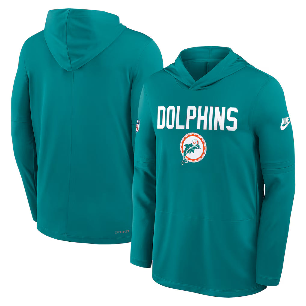 Miami Dolphins Hoodie T-Shirt – Nike Sideline Pass Accuracy Dri-FIT Long Sleeve – Aqua (USA Sourced)