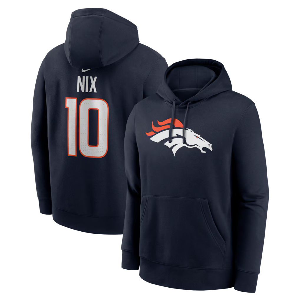 Denver Broncos NFL Bo Nix Nike Name & Number Fleece Hoodie – Navy (USA Stock) - UKASSNI