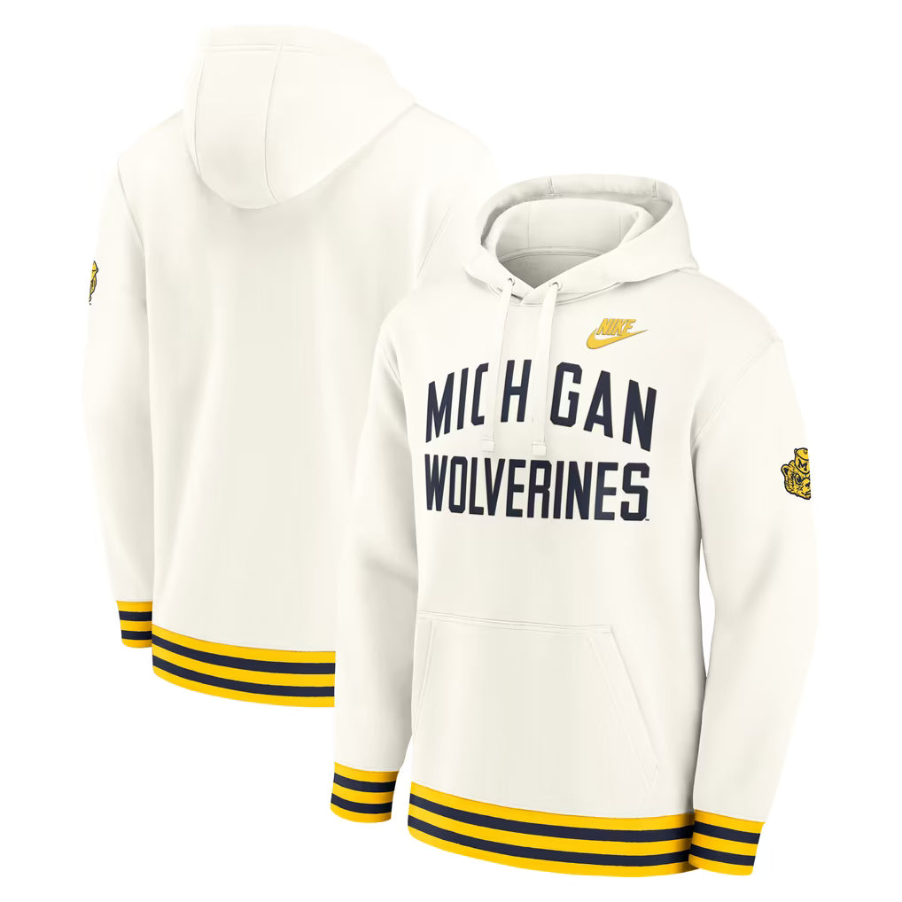 Michigan Wolverines Hoodie – NCAA Nike Legacy Retro Pullover – Cream (USA Sourced)