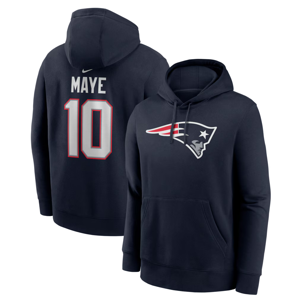 New England Patriots NFL Drake Maye Nike Player Name & Number Fleece Hoodie – Navy (USA Stock) - UKASSNI