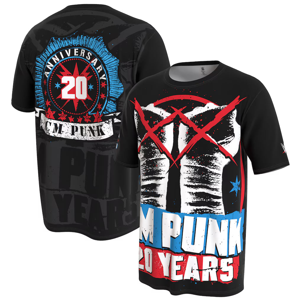 CM Punk WWE T-Shirt – ProSphere 20 Years Anniversary Design – Black (USA Sourced) by Prosphere