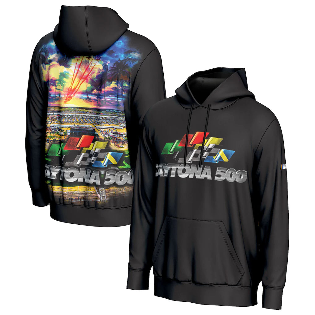 Daytona International Speedway NASCAR ProSphere Daytona 500 All Over Print Hoodie – Black (USA Stock) - UKASSNI