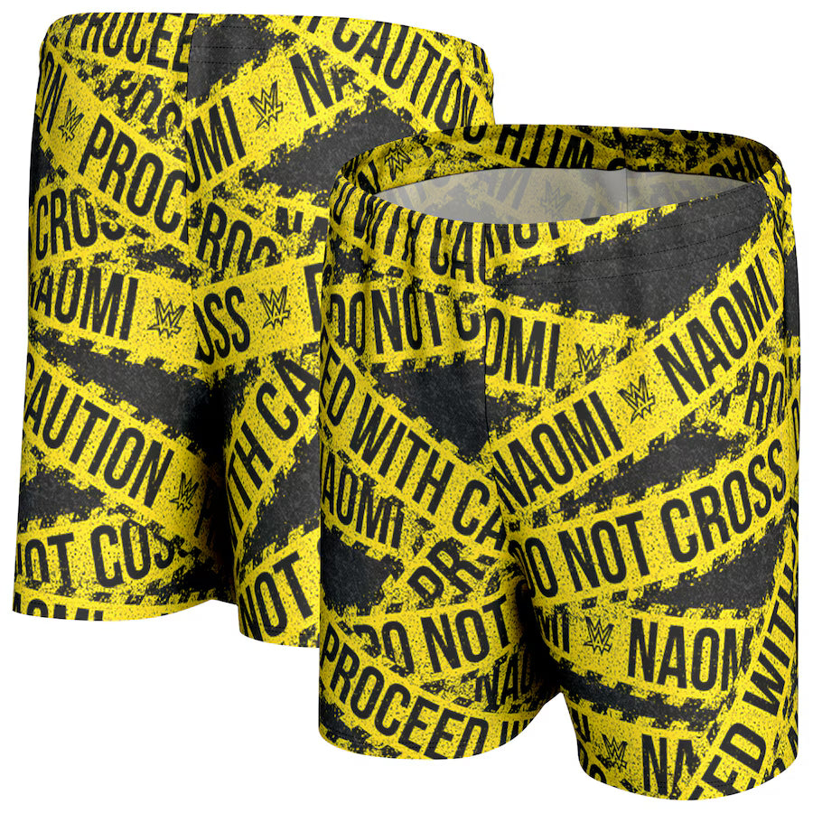 Show your support with Naomi WWE ProSphere Caution Tape Shorts - Black (USA Stock) featuring vibrant graphics.