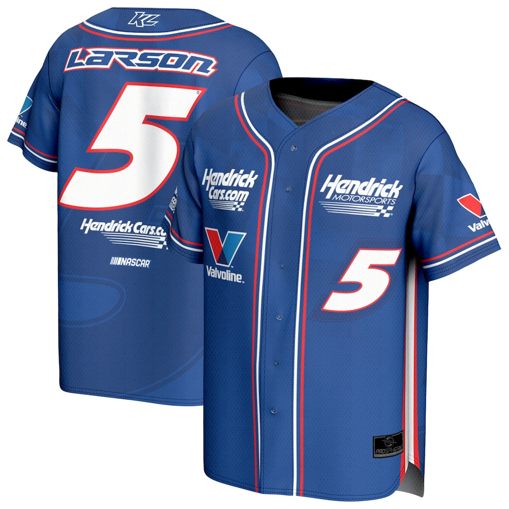 Kyle Larson NASCAR ProSphere blue baseball fashion jersey with white 5 and Hendrick logos, drop-tail hem.