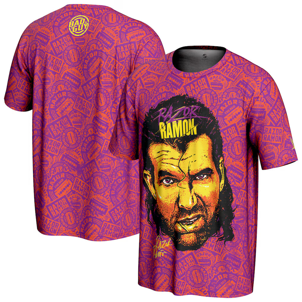 Razor Ramon WWE ProSphere Allover Print T-Shirt – Purple (USA Stock) - UKASSNI
