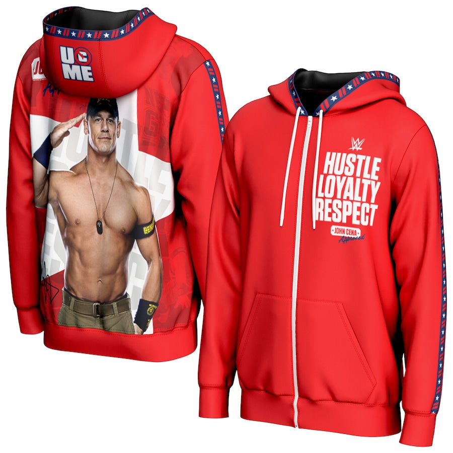 John Cena WWE ProSphere Hustle Loyalty Respect Full-Zip Hoodie – Red (USA Stock) - UKASSNI