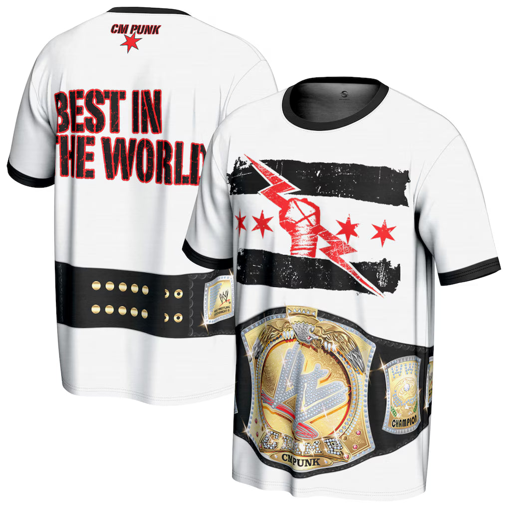 CM Punk WWE ProSphere Spinner Belt T-Shirt – White (USA Stock) - UKASSNI
