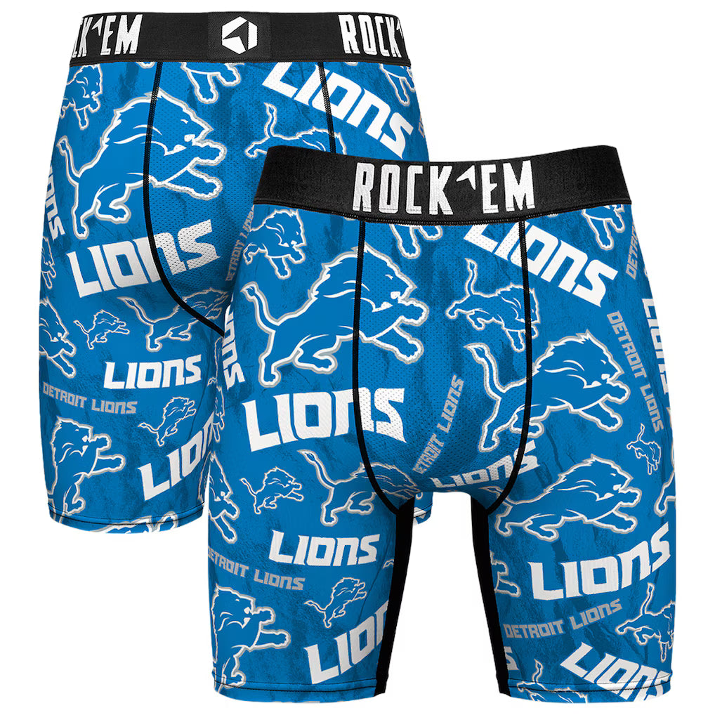 Detroit Lions Boxer Briefs – Rock Em Socks Logo All-Over Print – Blue (USA Sourced)