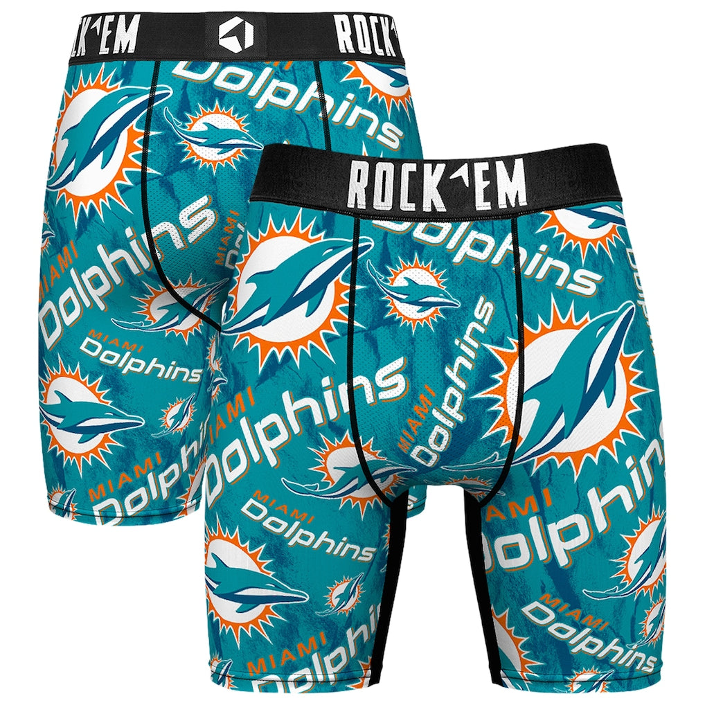 Miami Dolphins Boxer Briefs – Rock Em Socks Logo All-Over Print – Aqua (USA Sourced)