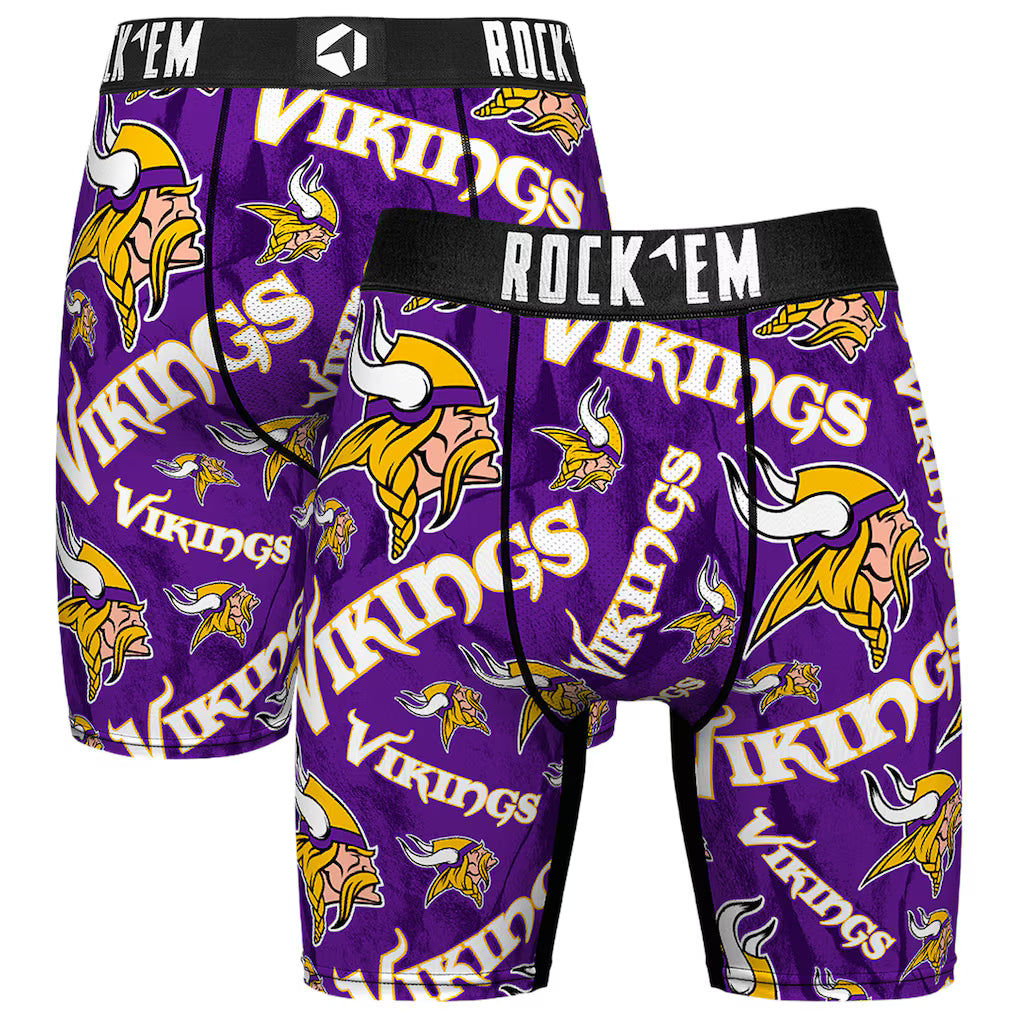 Minnesota Vikings Boxer Briefs – Rock Em Socks Logo All-Over Print – Purple (USA Sourced)