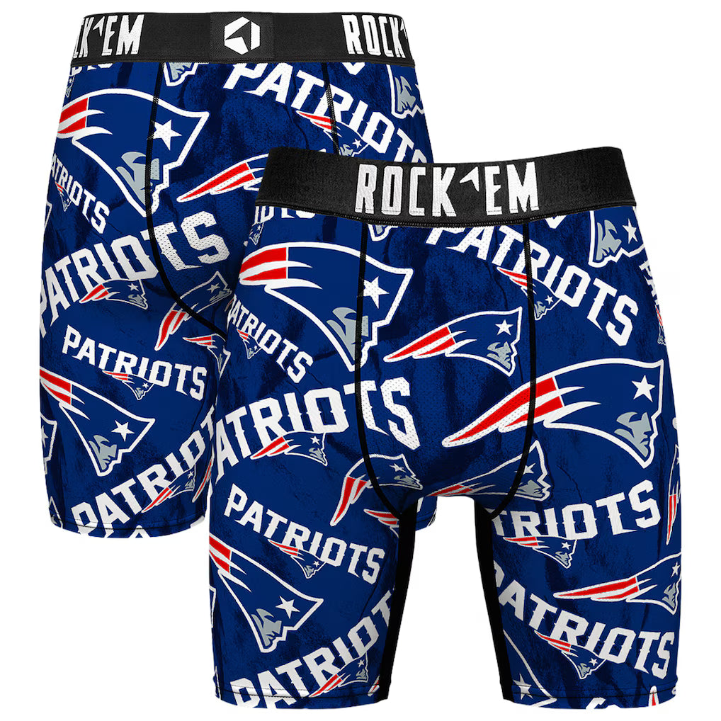 New England Patriots Boxer Briefs – Rock Em Socks Logo All-Over Print – Navy (USA Sourced)