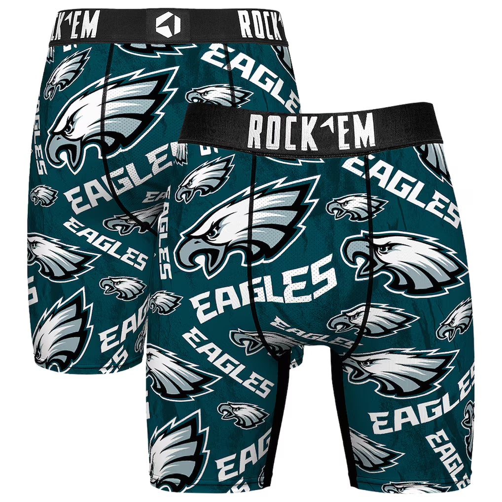 Philadelphia Eagles Boxer Briefs – Rock Em Socks Logo All-Over Print – Midnight Green (USA Sourced)