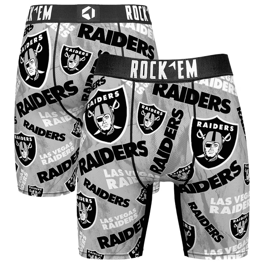 Las Vegas Raiders Boxer Briefs – Rock Em Socks Logo All-Over Print – Silver (USA Sourced)