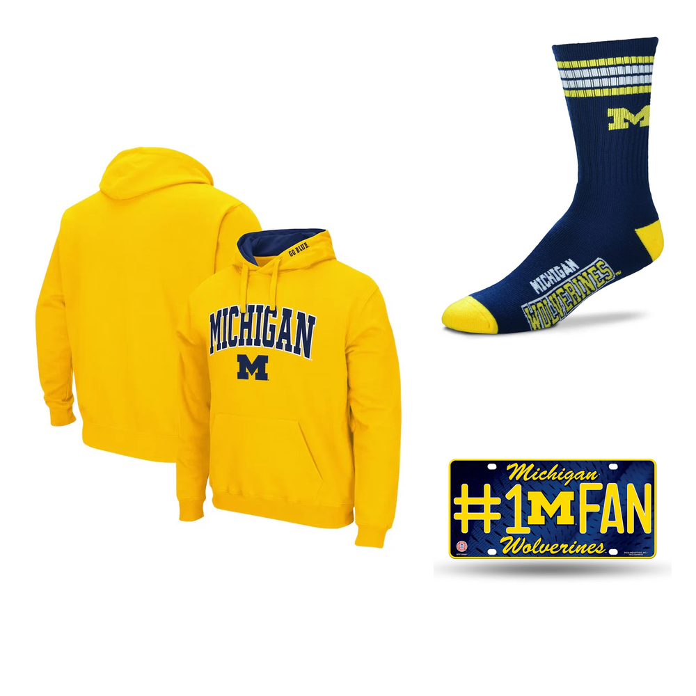 Michigan Wolverines NCAA Hoodie, Socks & Fan Plate Bundle – Large (UK Stock) - UKASSNI