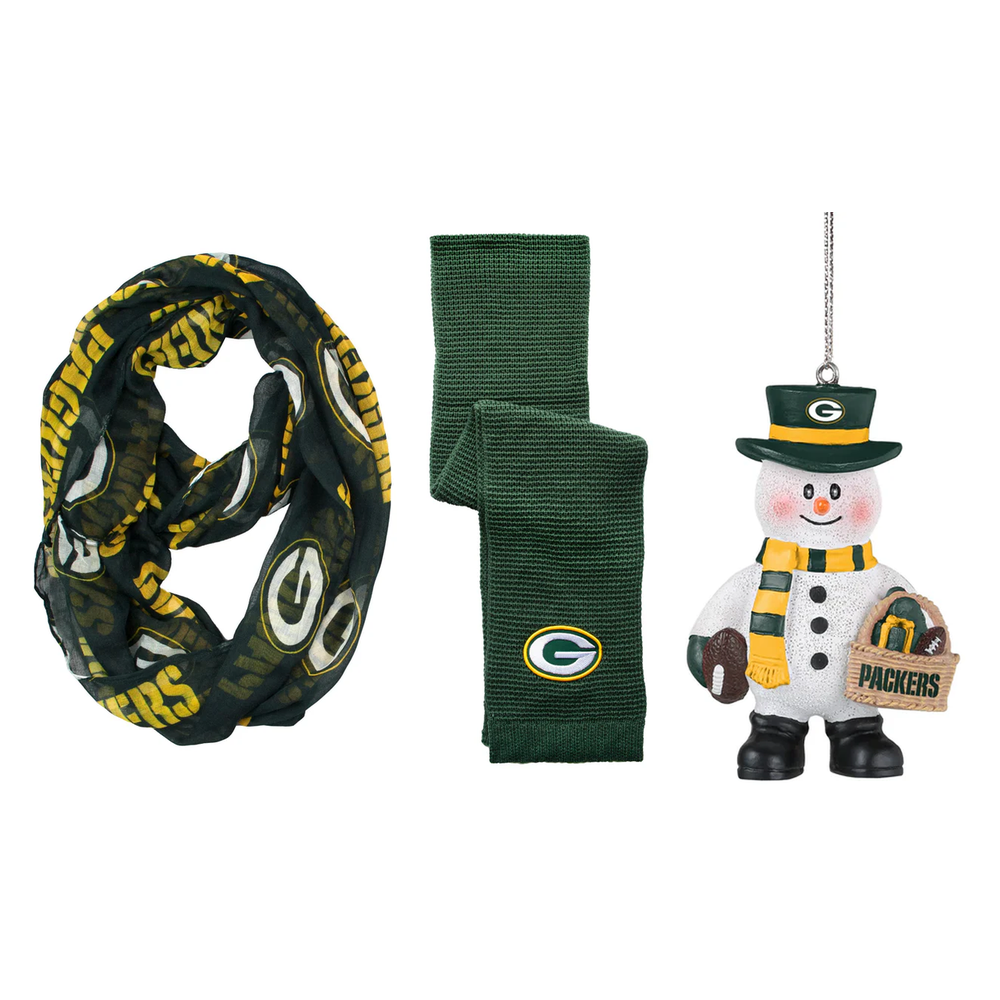 Green Bay Packers NFL Scarf + Wristband + Snowman Ornament Bundle – One Size (UK Stock) - UKASSNI