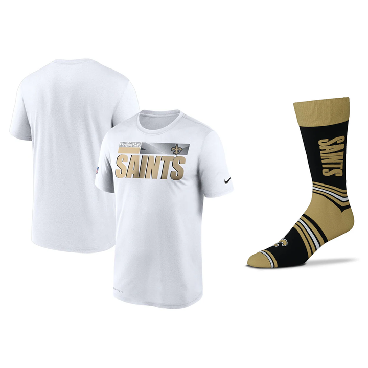 New Orleans Saints NFL Nike Sideline Impact Legend Performance T-Shirt &amp; Socks Bundle – Large (UK Stock) - UKASSNI