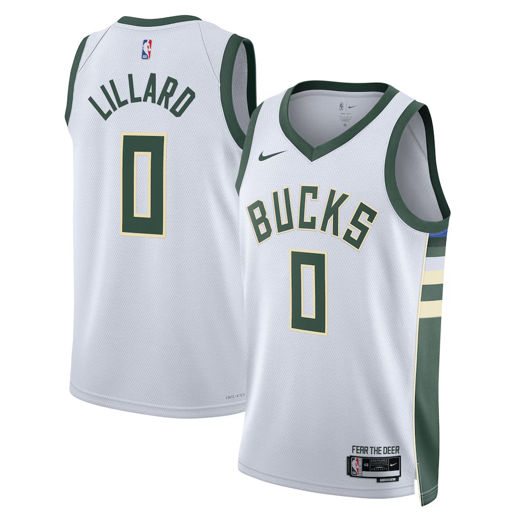 Milwaukee Bucks Damian Lillard Jersey – NBA Nike Fear The Deer Association Edition Swingman – White (USA Sourced)
