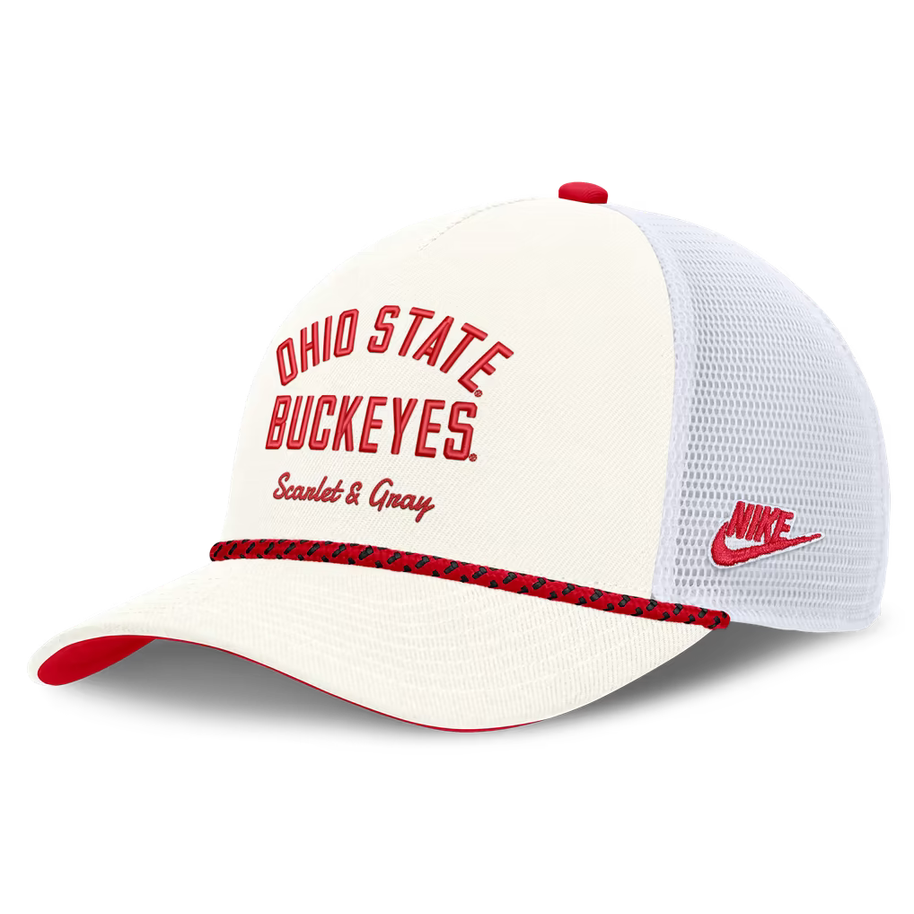 Ohio State Buckeyes Hat – NCAA Nike Mascot Rope Trucker Adjustable – White (USA Sourced)
