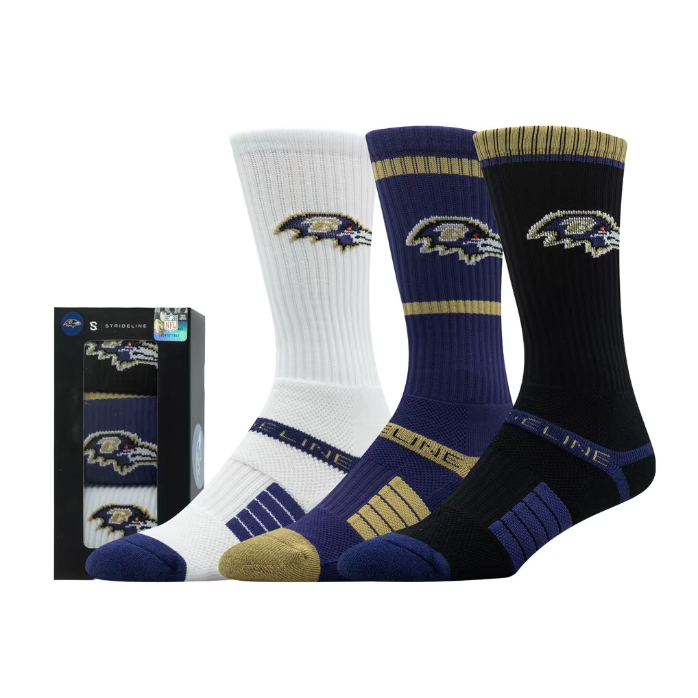 Baltimore Ravens Socks – NFL Strideline Unisex Premium 3-Pack Knit Crew – Multi (USA Sourced)