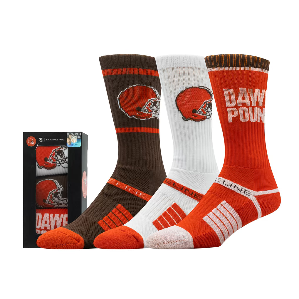 Cleveland Browns Socks – NFL Strideline Unisex Premium 3-Pack Knit Crew – Multi (USA Sourced)