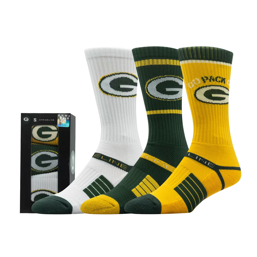 Green Bay Packers Socks – NFL Strideline Unisex Premium 3-Pack Knit Crew – Multi (USA Sourced)