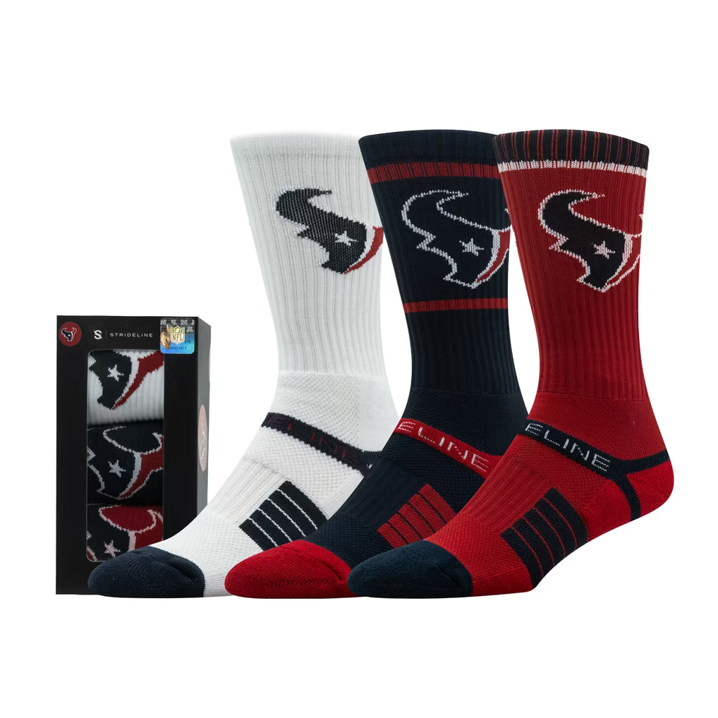Houston Texans Socks – NFL Strideline Unisex Premium 3-Pack Knit Crew – Multi (USA Sourced)