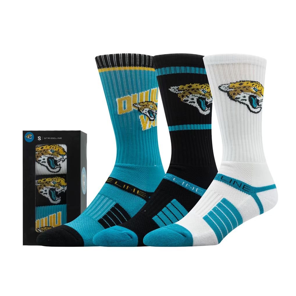Jacksonville Jaguars Socks – NFL Strideline Unisex Premium 3-Pack Knit Crew – Multi (USA Sourced)