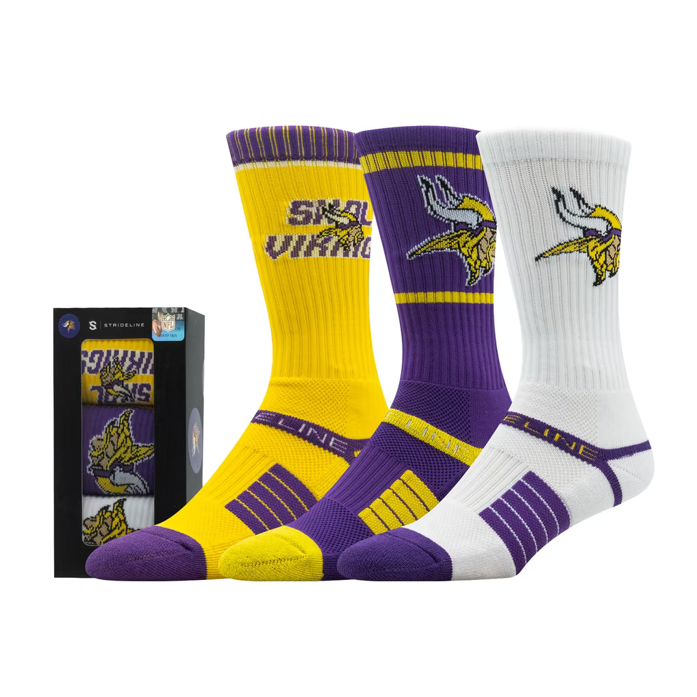 Minnesota Vikings Socks – NFL Strideline Unisex Premium 3-Pack Knit Crew – Multi (USA Sourced)