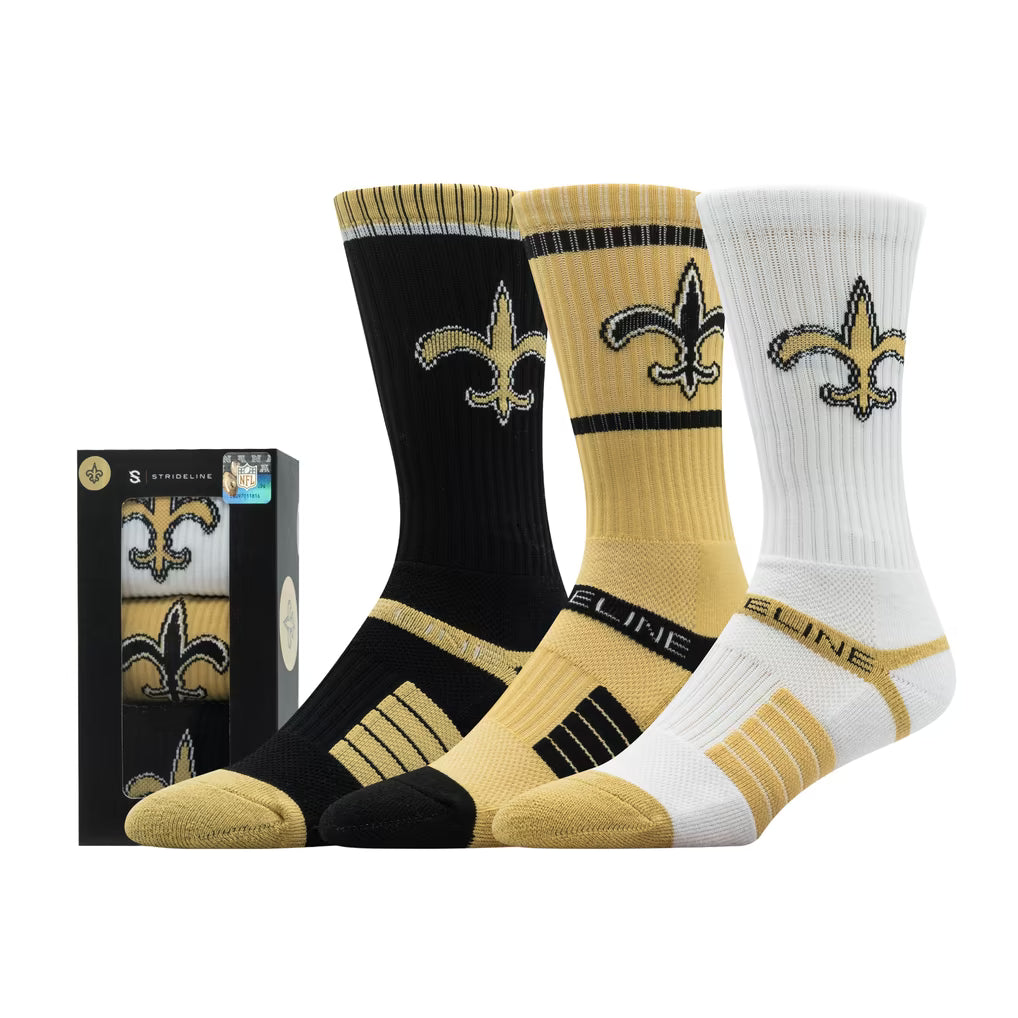 New Orleans Saints Socks – NFL Strideline Unisex Premium 3-Pack Knit Crew – Multi (USA Sourced)