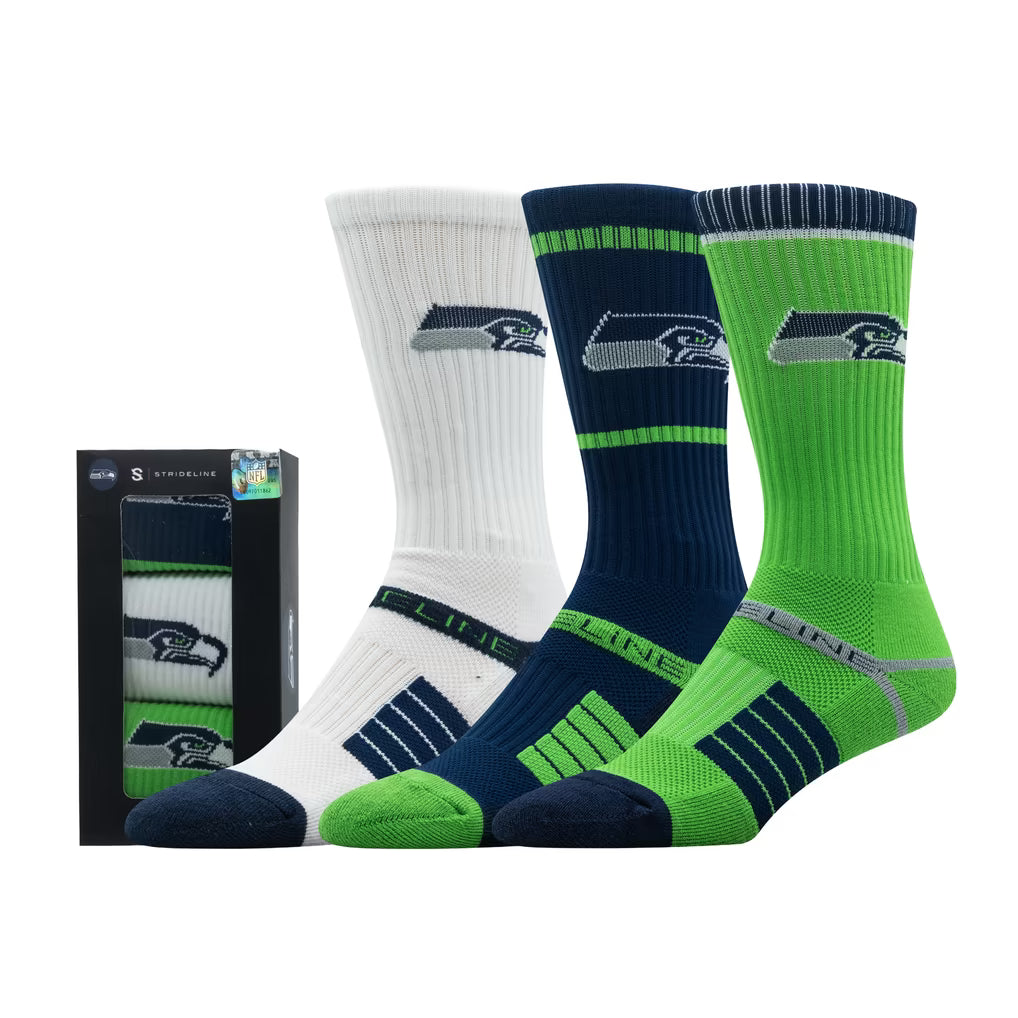 Seattle Seahawks Socks – NFL Strideline Unisex Premium 3-Pack Knit Crew – Multi (USA Sourced)