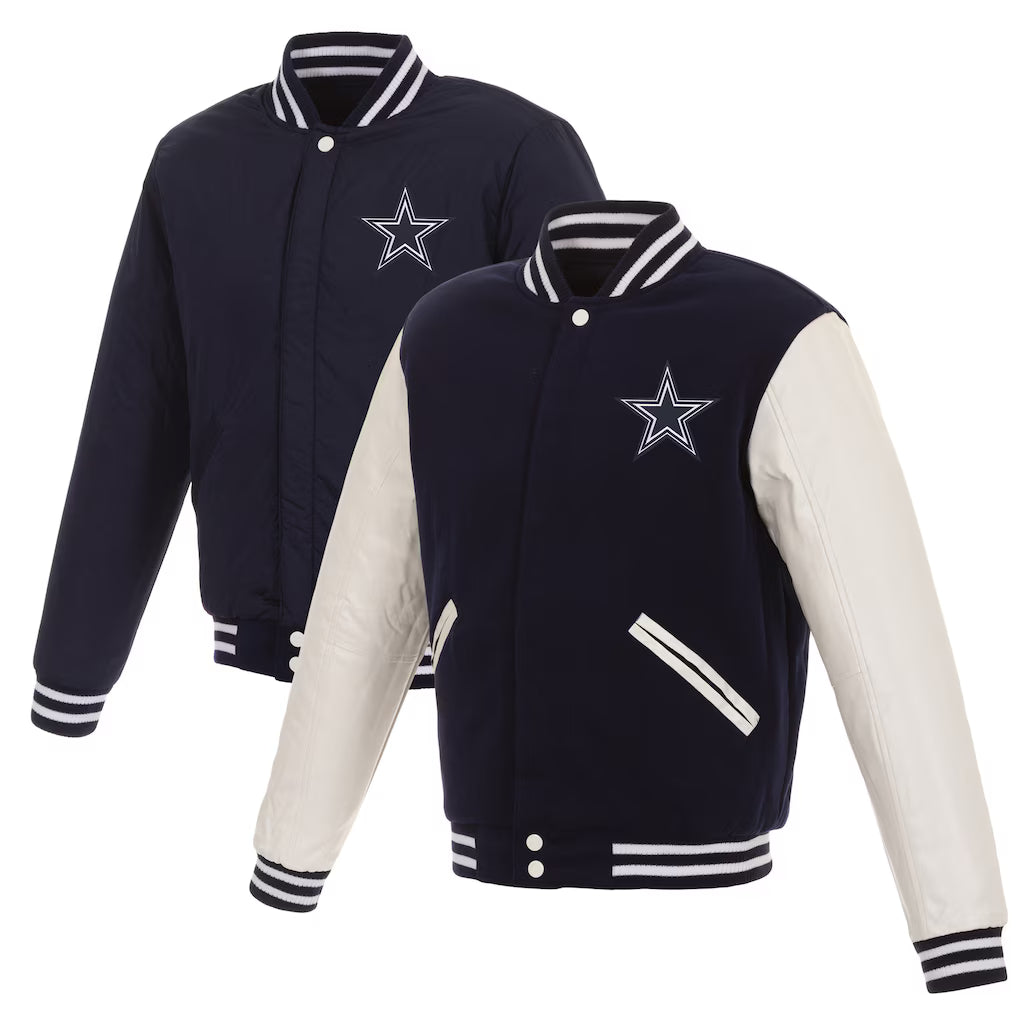 Dallas Cowboys NFL JH Design Reversible Fleece Jacket with Faux Leather Sleeves – Navy/White (USA Stock) - UKASSNI