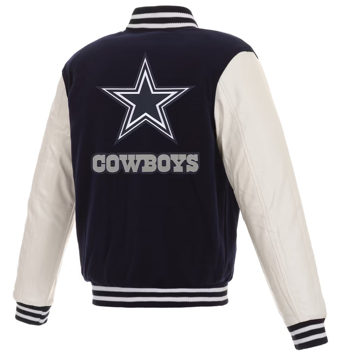 Dallas Cowboys JH Design Reversible Fleece Jacket - NFL Faux Leather Sleeves – Navy/White (USA Sourced)