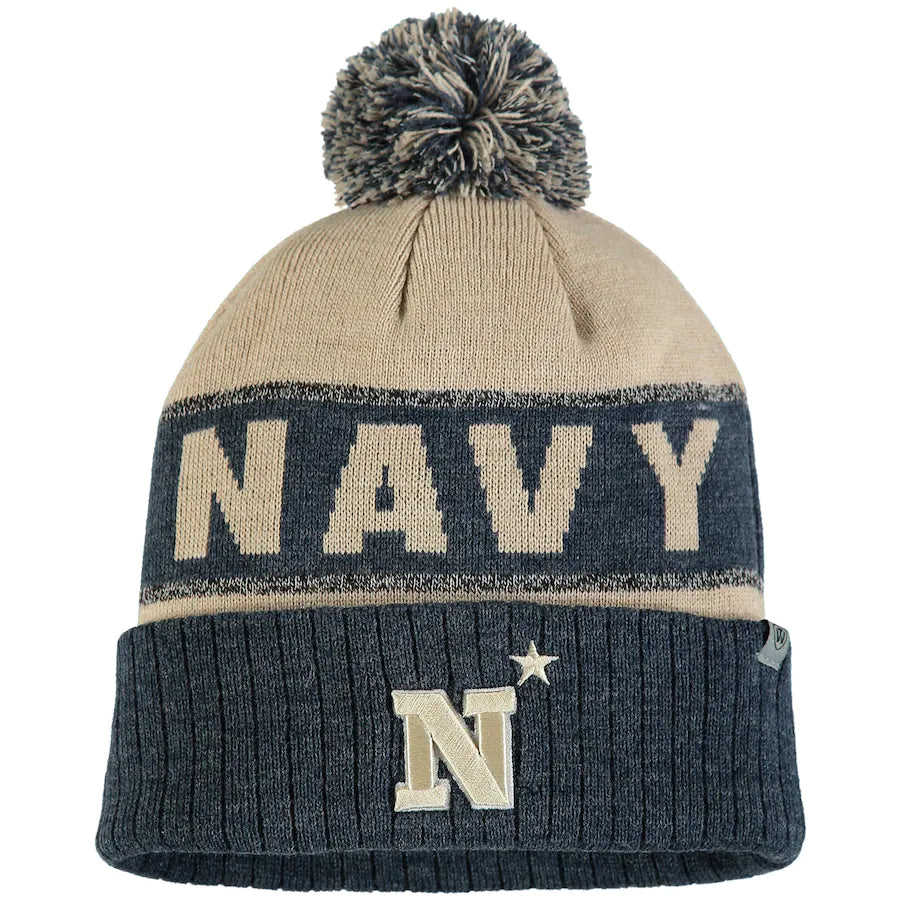 Navy Midshipmen NCAA UK Youth Top of the World Below Zero Cuffed Pom Knit Hat - Gold/Heathered Navy - UKASSNI