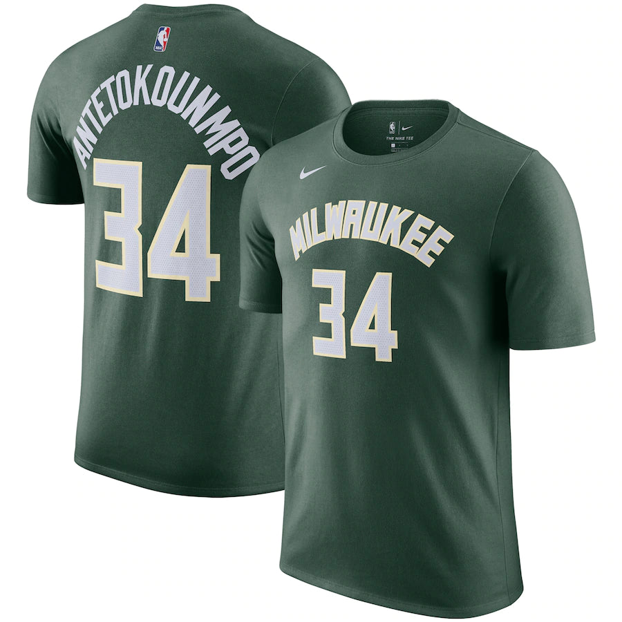 Milwaukee Bucks NBA UK Giannis Antetokounmpo Nike Player Name & Number Performance T-Shirt - Hunter Green - UKASSNI